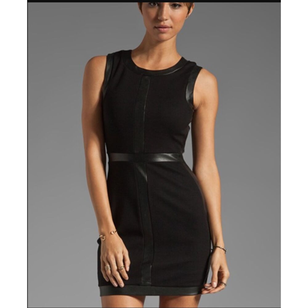 Bailey 44 Faux Leather Trim Black Midi‎ Dress Size S US Made LBD Officecore